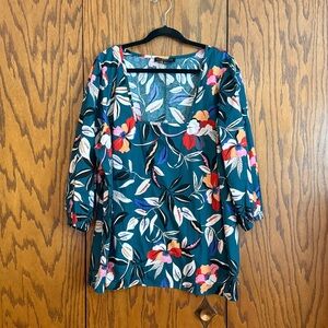 ELOQUII Floral Blouse Size 22 Green Long Sleeve Square Neck Plus Size